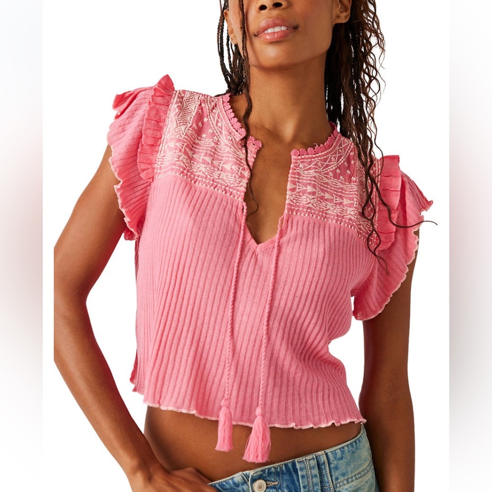 FREE PEOPLE Sarafina Embroidered Ruffle Sleeve Top NWT Pink Lemonade Combo
